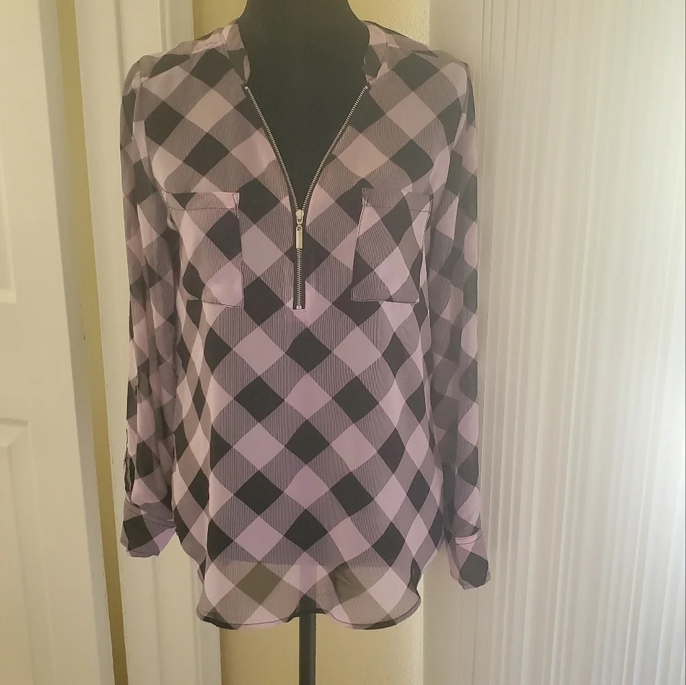 Purple sheer Plaid Top with front zipper size S